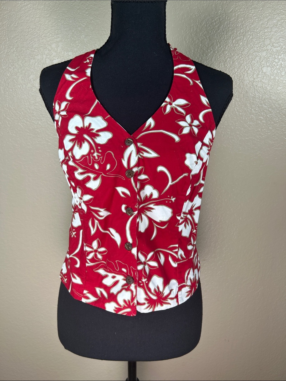 Hawaiian Original Red Hibiscus Halter Top | Front Button Closure | Size Small